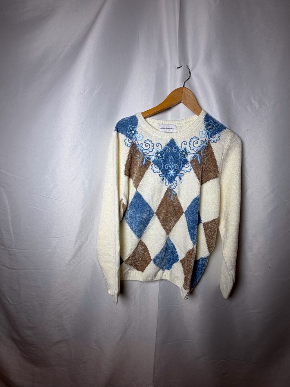 Cream Argyle Sweater with Blue Floral Yoke - Women Sweater